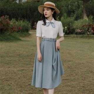 Set: Short-sleeve Tie-neck Shirt + Midi A-line Skirt