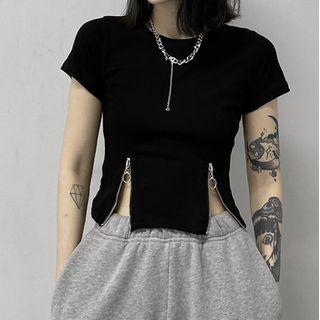 Short-sleeve Zipped Crop Top Black - One Size