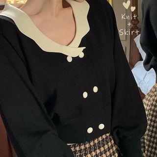 Contrast Collar Knit Top / Houndstooth Midi A-line Skirt
