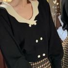 Contrast Collar Knit Top / Houndstooth Midi A-line Skirt