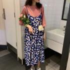 Crew-neck 3/4-sleeve T-shirt / Floral Midi Spaghetti Strap Dress