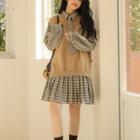 Set: Long-sleeve Plaid Mini A-line Dress + Knit Vest