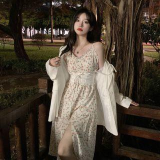 Spaghetti Strap Floral Print Midi A-line Dress / Single-breasted Blazer / Waist Belt / Set