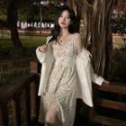 Spaghetti Strap Floral Print Midi A-line Dress / Single-breasted Blazer / Waist Belt / Set