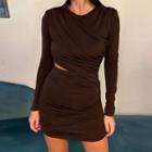 Long Sleeve Ruched Cutout Sheath Mini Dress