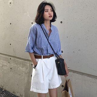 Set: Elbow-sleeve Striped Blouse + Plain Shorts