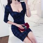 Plaid 3/4-sleeve Sheath Dress