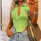 Collared Sleeveless V-neck Knitted Cropped Top