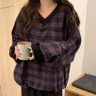 V-neck Plaid Pullover As Shown In Figure - One Size