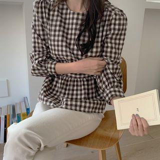 Tie-back Checked Peplum Blouse