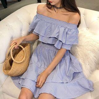 Striped Off-shoulder Short-sleeve Layered Mini A-line Dress Stripes - One Size