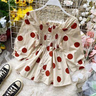 Square-neck Polka-dot Short-sleeve Blouse