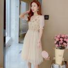 Short-sleeve Sequin Midi A-line Mesh Dress