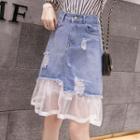 Mesh Hem Distressed Denim A-line Skirt