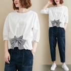 Puff-sleeve Striped Bow Blouse White - One Size