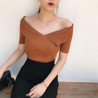 Plain Wrap Short Sleeve Off Shoulder Knit Top
