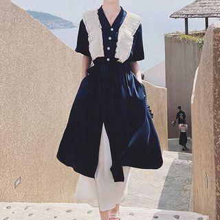 Short-sleeve Pleated Collar A-line Dress