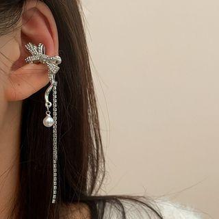Bow Rhinestone Faux Pearl Fringed Cuff Earring 1 Pc - Silver - One Size