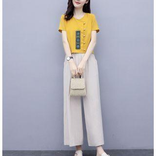 Set: Short-sleeve V-neck Blouse + Wide Leg Pants