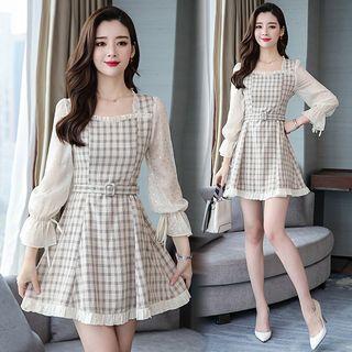 Balloon-sleeve Plaid A-line Mini Dress