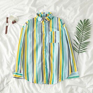Long-sleeve Striped Loose-fit Shirt As Shown In Figure - One Size