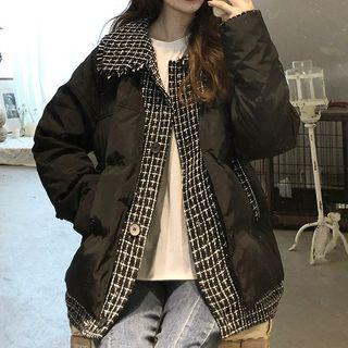 Plaid Panel Padded Button-up Coat Black - One Size