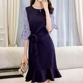 Elbow-sleeve Striped Panel Ruffle Hem Sheath Dress