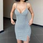 Spaghetti Strap V-neck Plaid Split Mini Dress