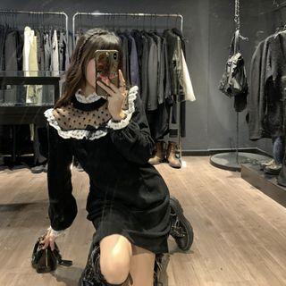 Lace Trim Mesh Panel Mini A-line Dress