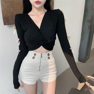 Bow-sleeve Twisted Front Cropped Top