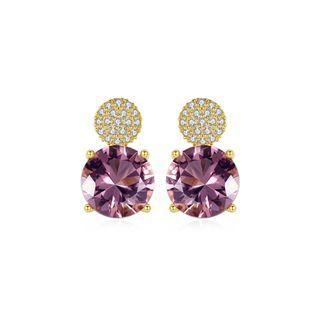 Sterling Silver Plated Gold Simple Fashion Geometric Round Purple Cubic Zirconia Stud Earrings Golden - One Size