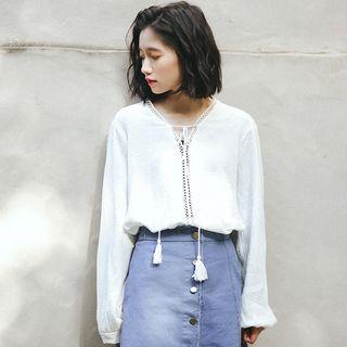 V-neck Blouse With Tassel White - One Size