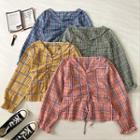 Color-block Check V-neck Long-sleeve Top