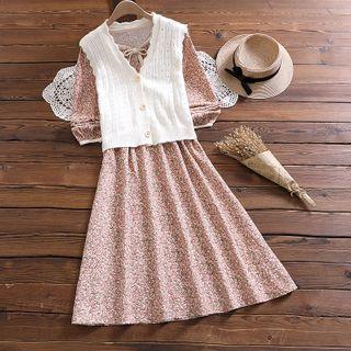 Long-sleeve Floral Midi A-line Dress / Sweater Vest / Set