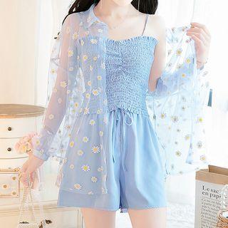 Sleeveless Frill Trim Plain Top + Drawstring Plain Wide-leg Shorts + Long-sleeve Floral Light Jacket
