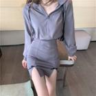 Long-sleeve Hooded Mini Sheath Dress Grayish Purple - One Size