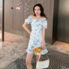 Short-sleeve Cold Shoulder Frill Trim Tie-dye Mini A-line Dress