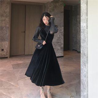 Long-sleeve Glitter Top / Spaghetti Strap Midi Dress