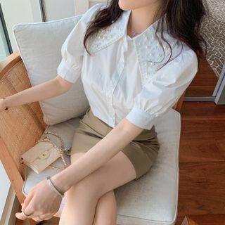 Puff-sleeve Collared Faux Pearl Blouse One Size - One Size