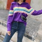 Polo-collar Striped Loose-fit Sweater Purple - One Size