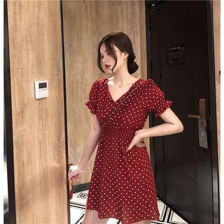 Short-sleeve Dotted Mini A-line Dress Red - One Size