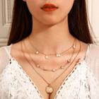 Faux Pearl Alloy Flower Pendant Layered Choker Necklace 1 Pc - 8582 - One Size