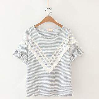 Fringed Striped Elbow Sleeve T-shirt