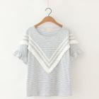 Fringed Striped Elbow Sleeve T-shirt