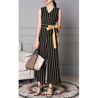 Set: Striped Sleeveless V-neck Top + Wide-leg Pants