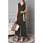 Set: Striped Sleeveless V-neck Top + Wide-leg Pants