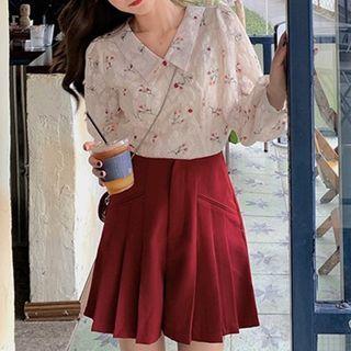 Set: V Neck Puff Sleeve Shirt + High-waist Plain Skirt