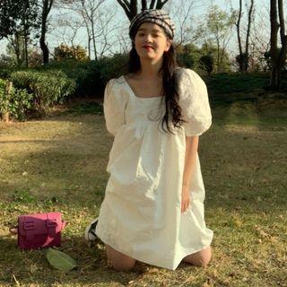 Puff-sleeve Square Neck Mini A-line Dress Dress - White - One Size