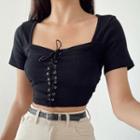 Short Sleeve Square-neck Lace-up Crop Top