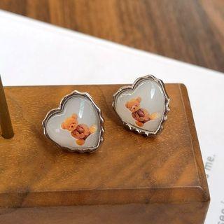 Bear Heart Glaze Alloy Earring 1 Pair - S925 Silver Needle - Heart Earrings - White - One Size